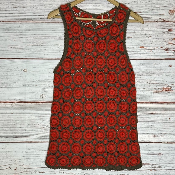 Free People Delilah Crochet Mini Shift Dress in Orange and Brown Sz S - Picture 6 of 13
